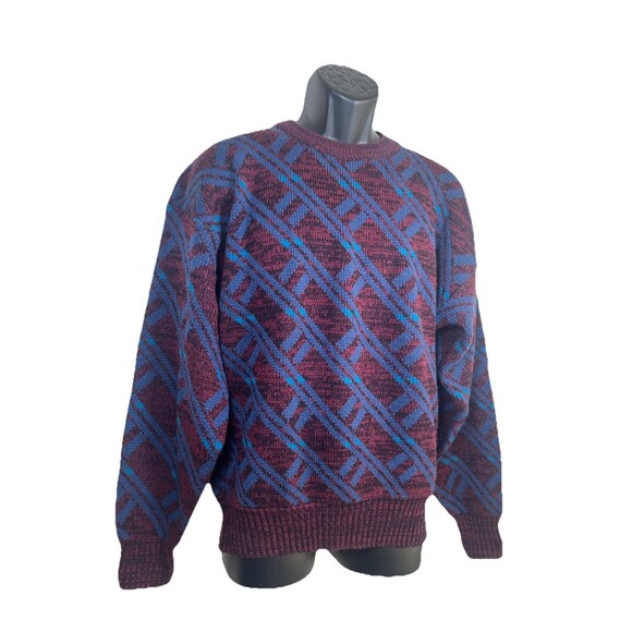 Trend Basics Vintage 90s Maroon Blue Plaid Diamond Pattern Knit Sweater Jumper - Picture 2 of 16